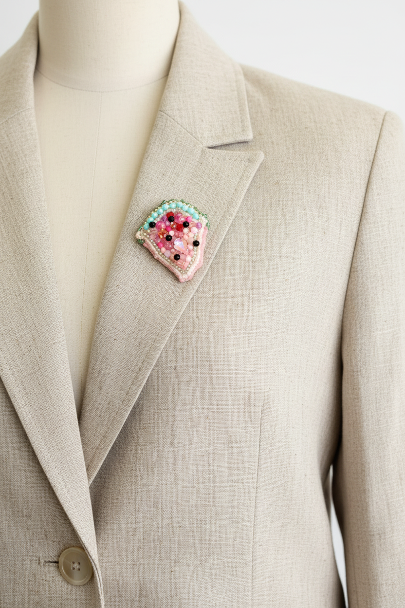 Lyserød melon – håndbroderet unika broche