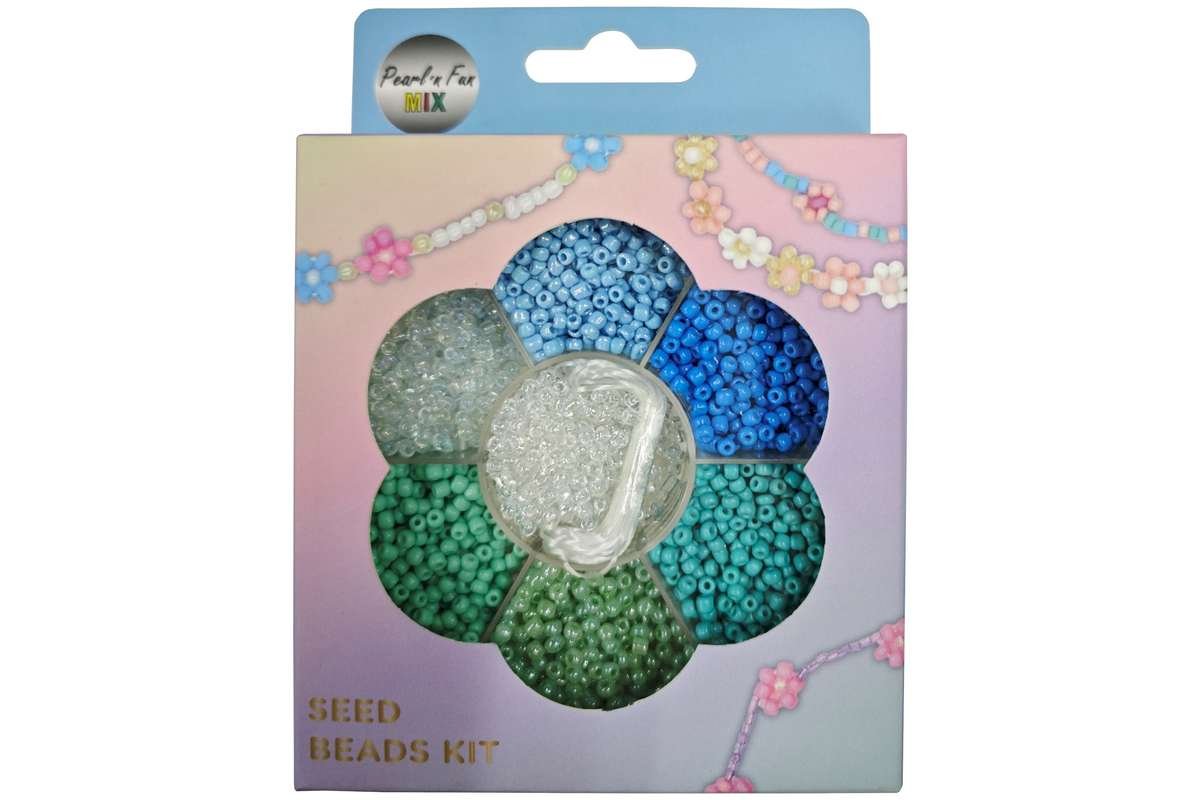 Glasperlemix 90g blå/grøn/klar