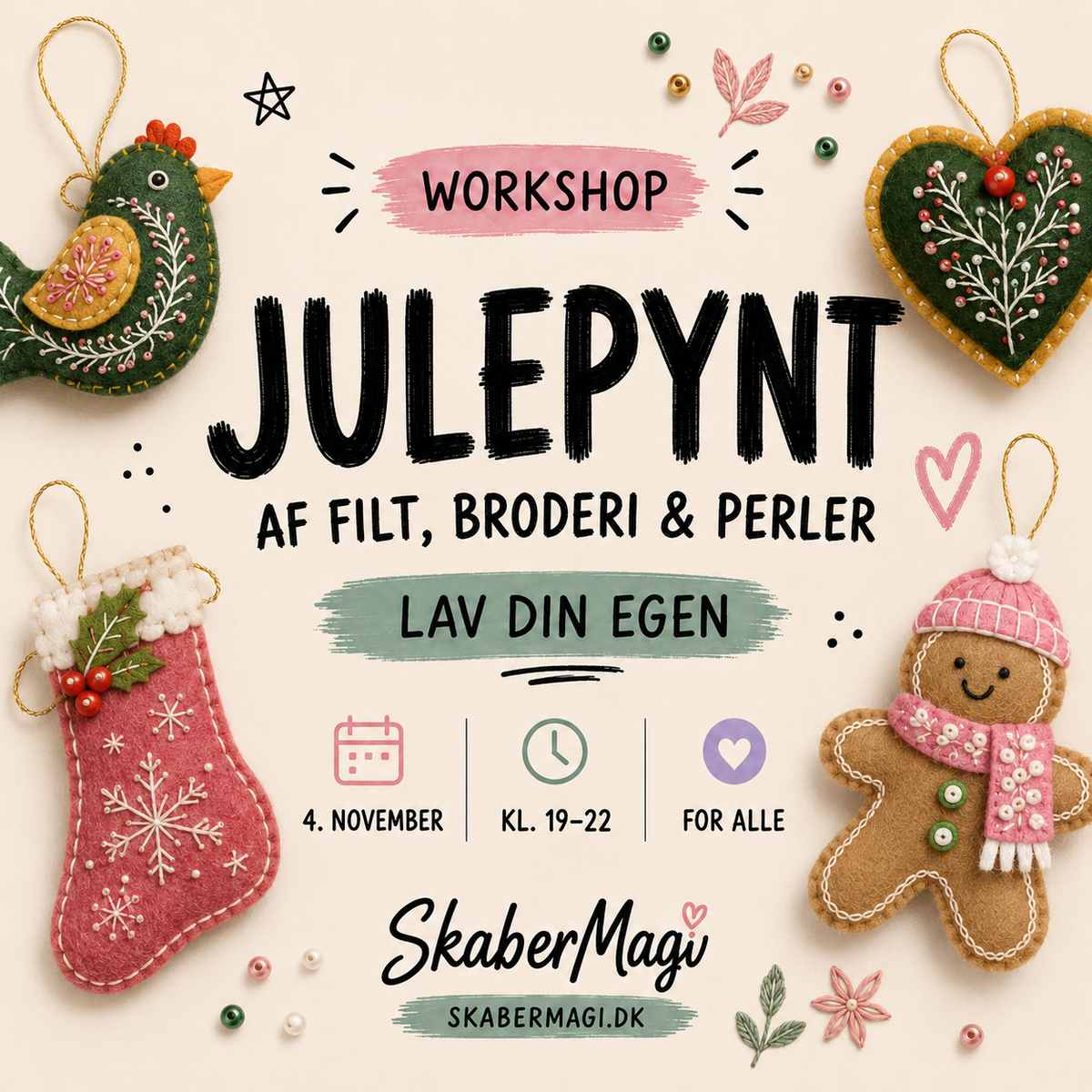 Workshop - Julepynt af filt, broderi & perler · 4. november