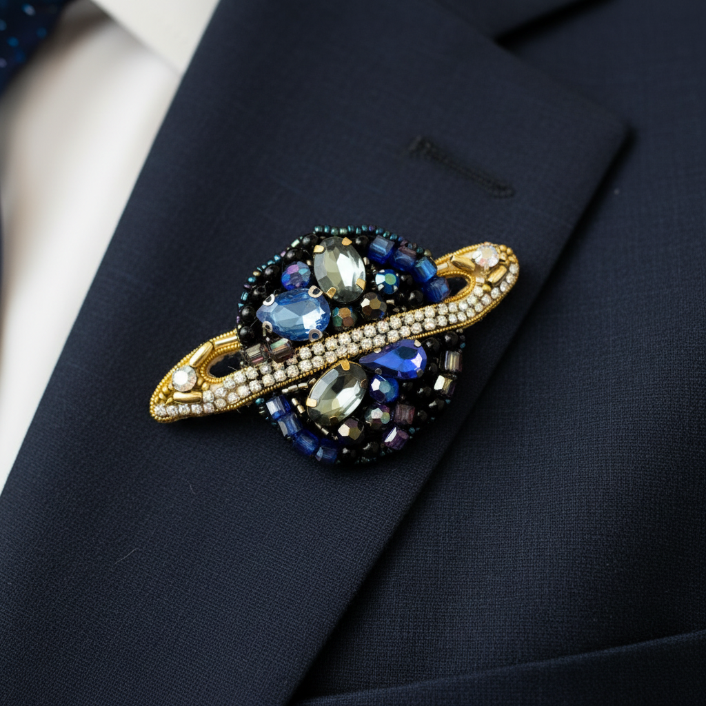 Saturn – håndbroderet unika broche