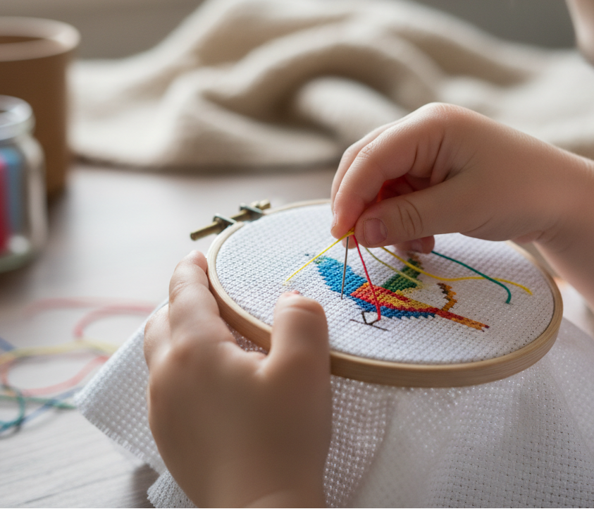 børnehænder, der broderer korssting