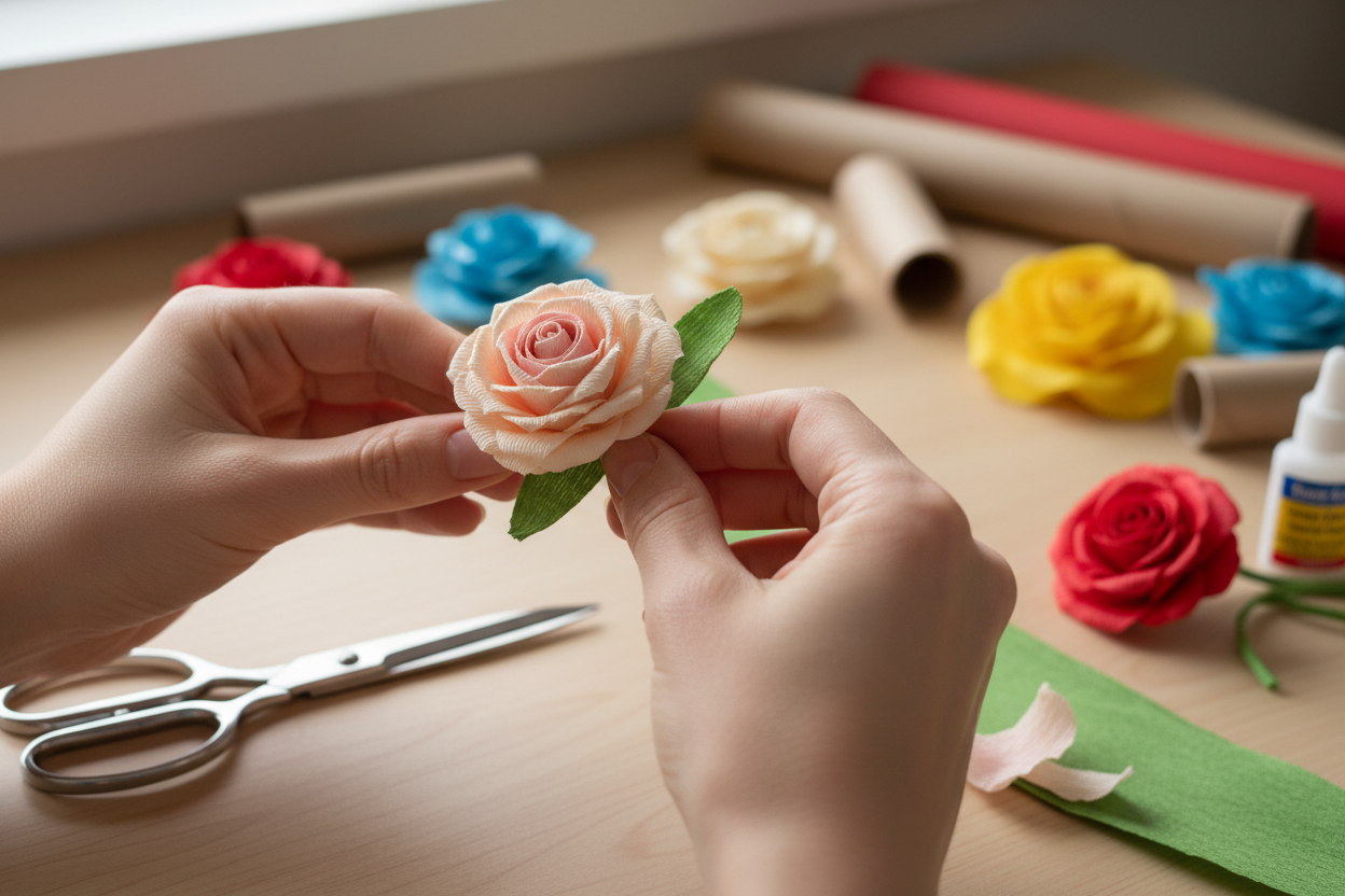 hænder der laver blomster af crepepapir