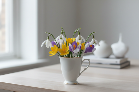 vintergækker, erantis og krokus lavet i crepepapir. samlet i en tekop på et bord